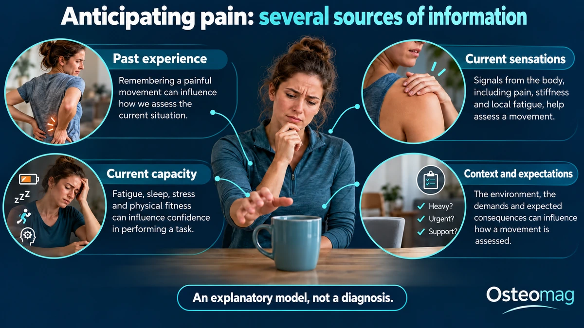 Four factors that can influence anticipation of pain: experience, sensations, capacity and context.