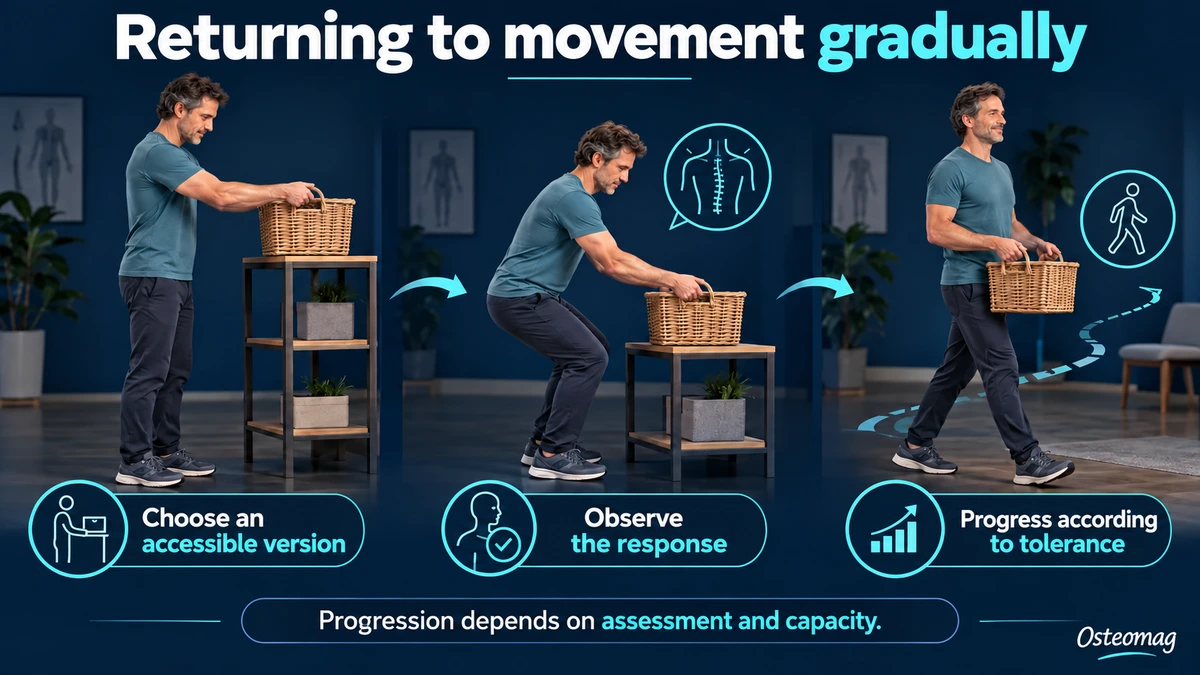 A graded return to movement: choose an accessible version, observe the response and progress according to tolerance.