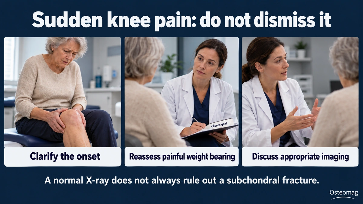 Knee pain prompts discussion of onset, weight bearing and imaging.