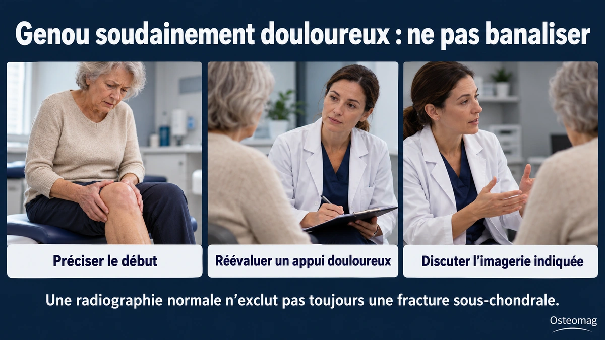Une douleur du genou conduit à une discussion de son début, de l’appui et de l’imagerie.