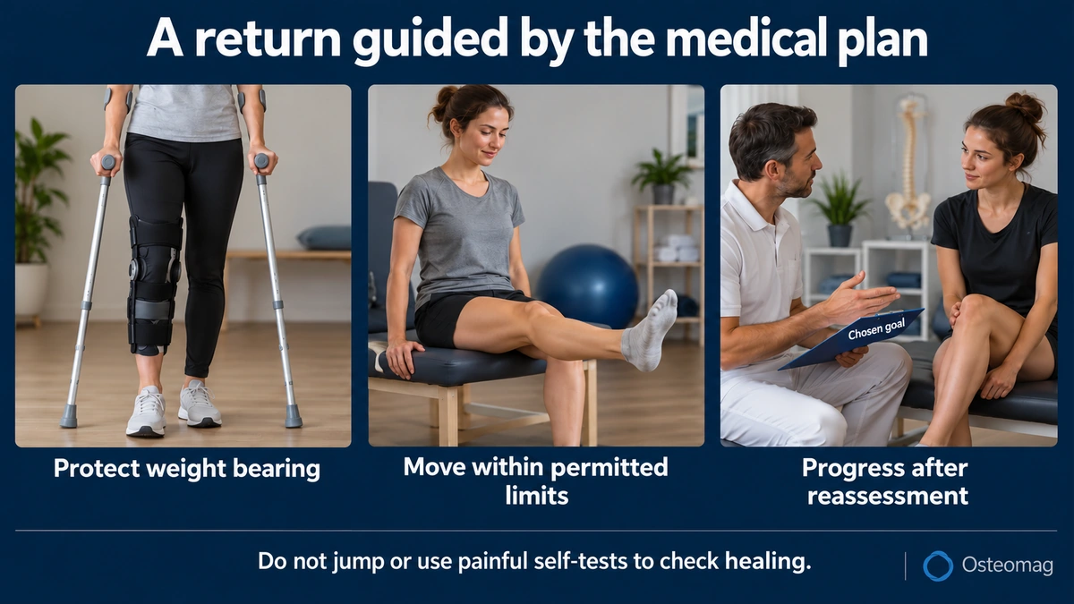 Protected weight bearing, permitted movement and reassessment in knee care.