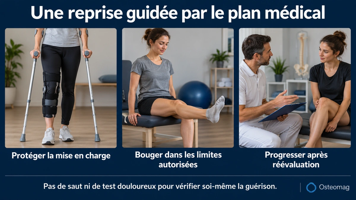 Protection d’appui, mouvement autorisé et réévaluation dans une prise en charge du genou.