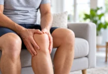 Fracture d’insuffisance sous-chondrale du genou : une douleur à ne pas confondre avec une simple lésion méniscale Scène illustrative : un homme assis pose les mains sur son genou.