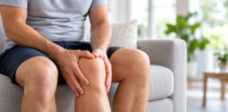 Scène illustrative : un homme assis pose les mains sur son genou.