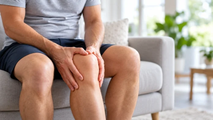 Illustrative scene of a seated man resting his hands on his knee.