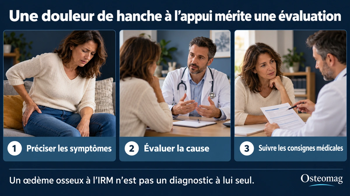 Une personne décrit sa douleur de hanche et discute une évaluation médicale.