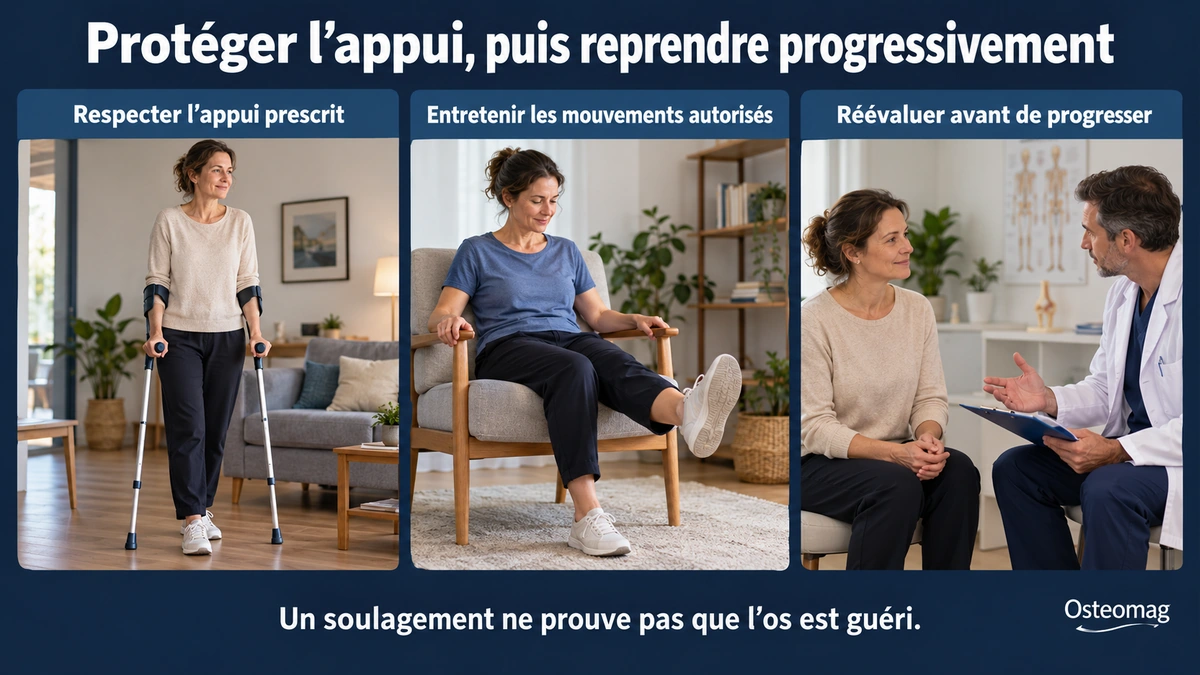 Aide à la marche, mouvement autorisé et réévaluation médicale de la hanche.