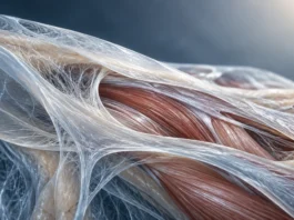 Connective tissue fibres surrounding muscle, illustrating fascia.