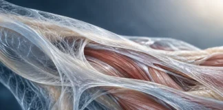 Connective tissue fibres surrounding muscle, illustrating fascia.