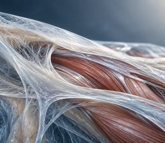 Connective tissue fibres surrounding muscle, illustrating fascia.