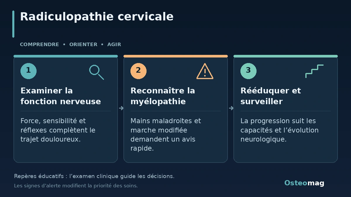 Radiculopathie cervicale : Examiner la fonction nerveuse ; Reconnaître la myélopathie ; Rééduquer et surveiller