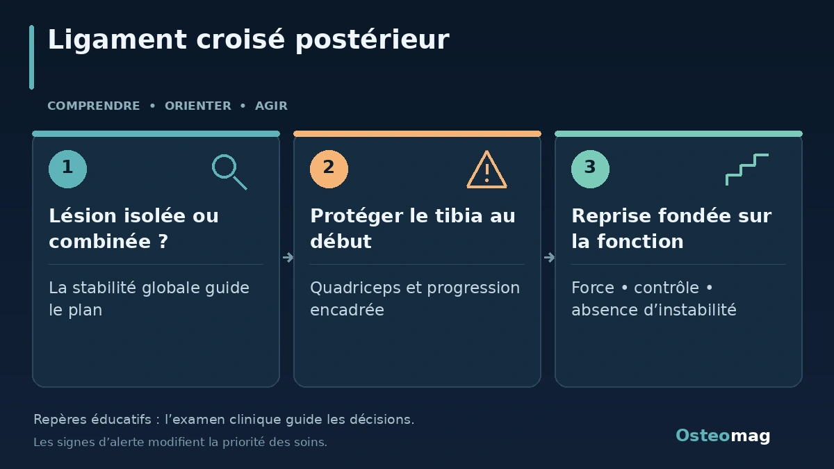 Ligament croisé postérieur : Lésion isolée ou combinée ? ; Protéger le tibia au début ; Reprise fondée sur la fonction