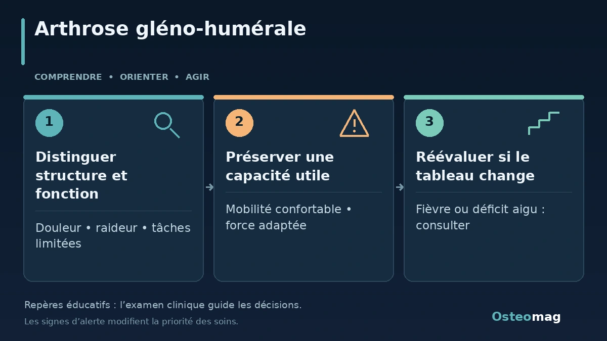 Arthrose gléno-humérale : Distinguer structure et fonction ; Préserver une capacité utile ; Réévaluer si le tableau change