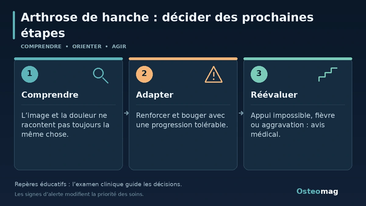 Arthrose de hanche : décider des prochaines étapes : Comprendre ; Adapter ; Réévaluer