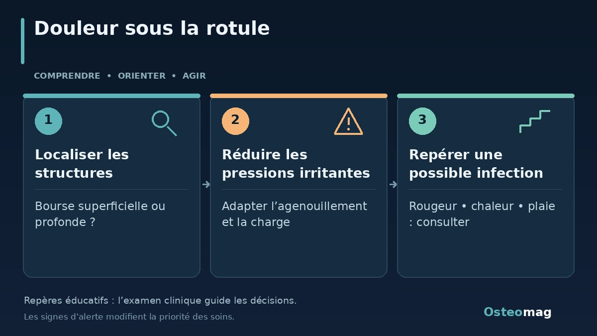 Douleur sous la rotule : Localiser les structures ; Réduire les pressions irritantes ; Repérer une possible infection
