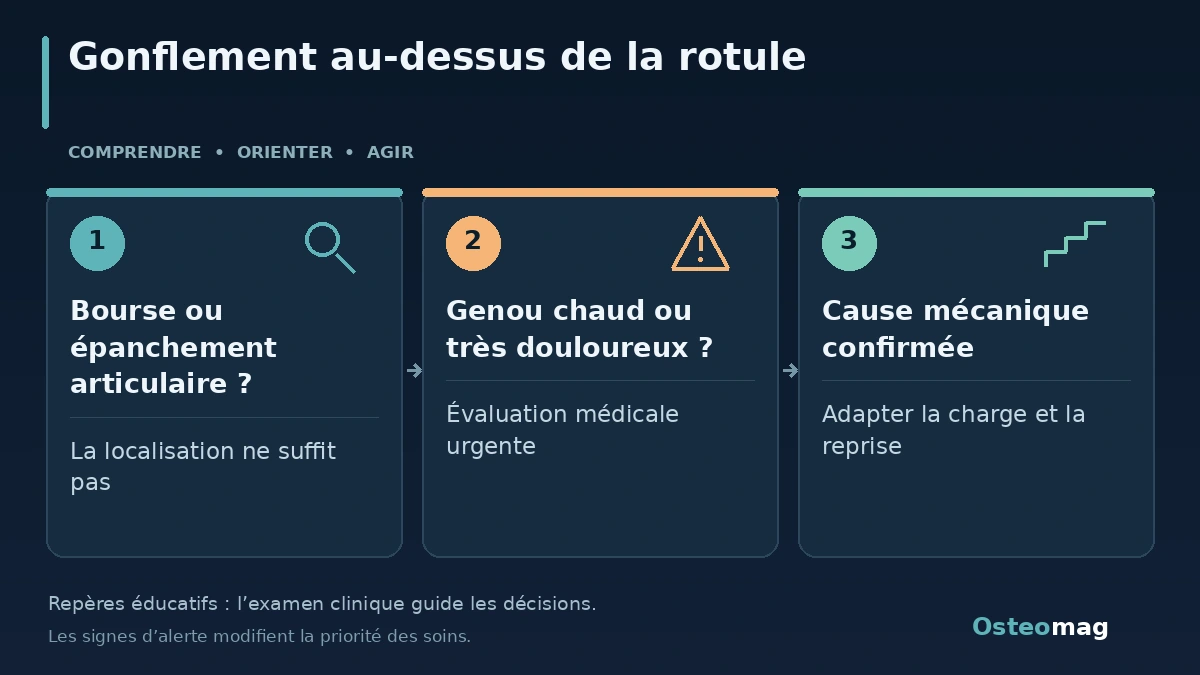 Gonflement au-dessus de la rotule : Bourse ou épanchement articulaire ? ; Genou chaud ou très douloureux ? ; Cause mécanique confirmée