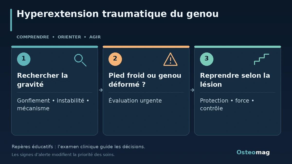 Hyperextension traumatique du genou : Rechercher la gravité ; Pied froid ou genou déformé ? ; Reprendre selon la lésion
