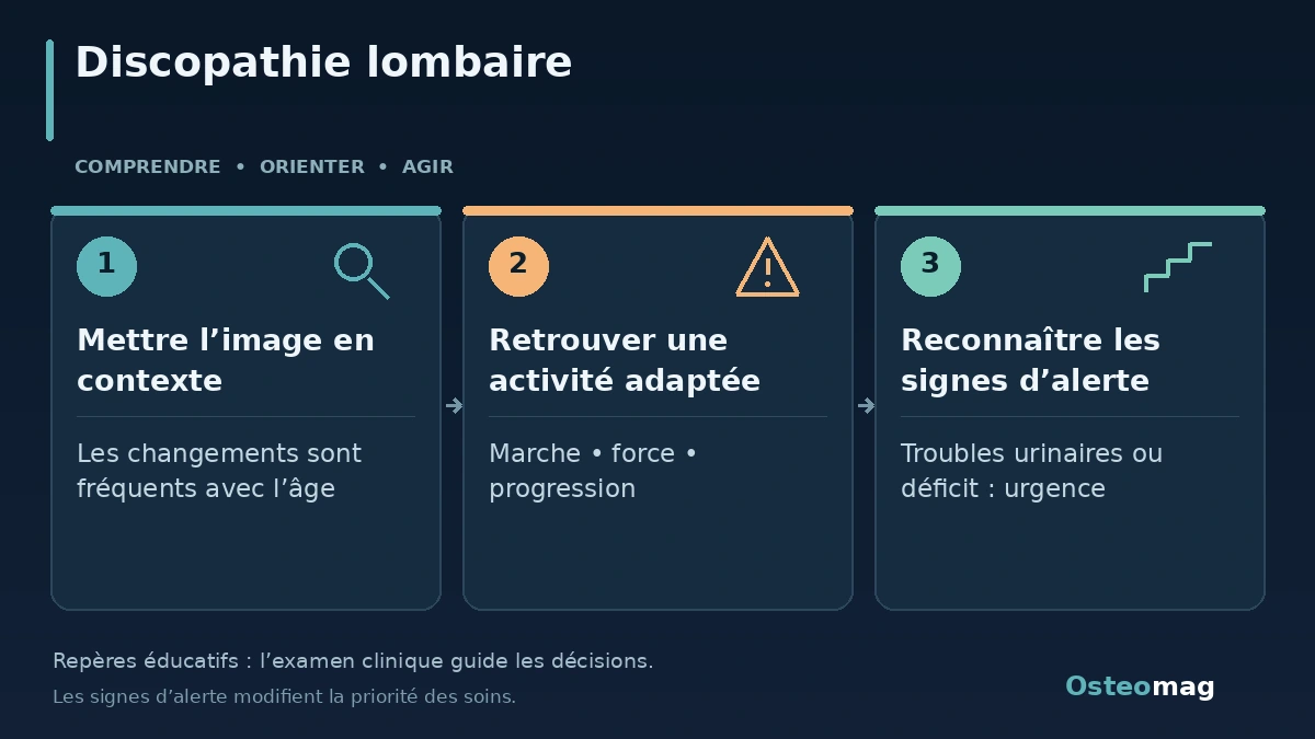Discopathie lombaire : Mettre l’image en contexte ; Retrouver une activité adaptée ; Reconnaître les signes d’alerte