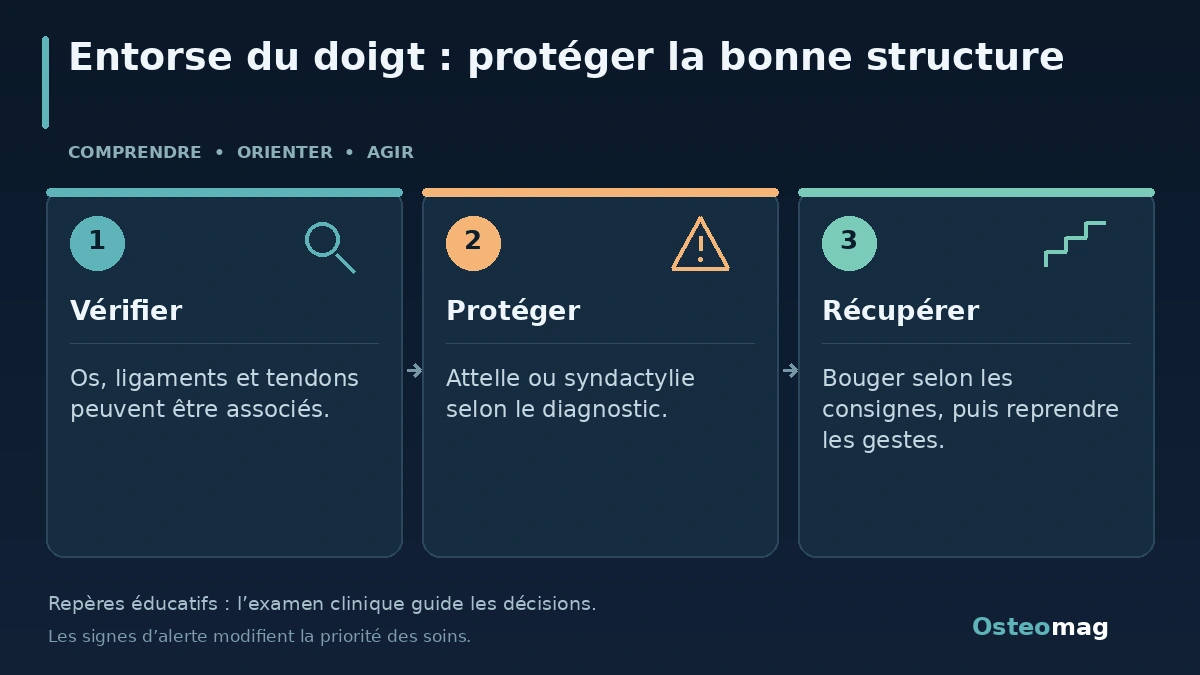 Entorse du doigt : protéger la bonne structure : Vérifier ; Protéger ; Récupérer