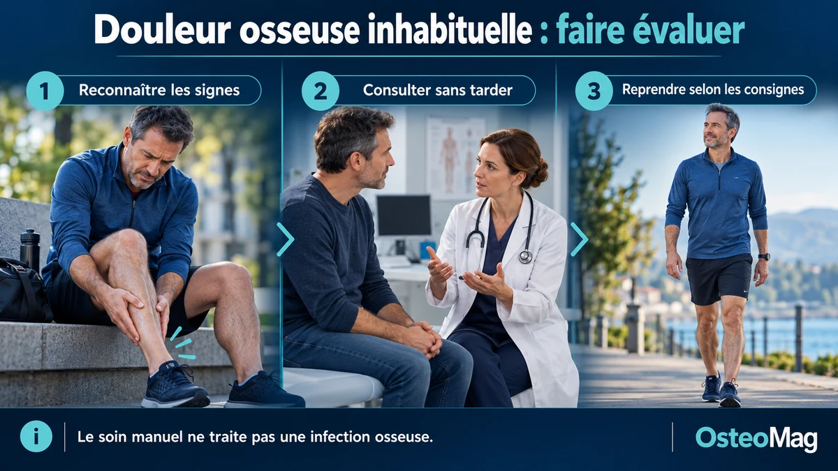 Patient signalant une douleur tibiale habillé puis consultation médicale, puis reprise de marche autorisée.
