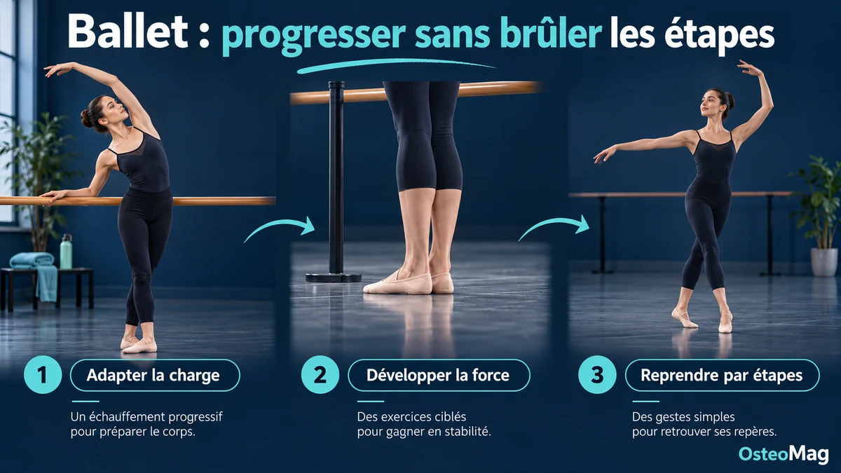 Danseuse adulte en tenue sobre échauffement à barre, exercice force mollet pieds au sol, reprise geste ballet facile.