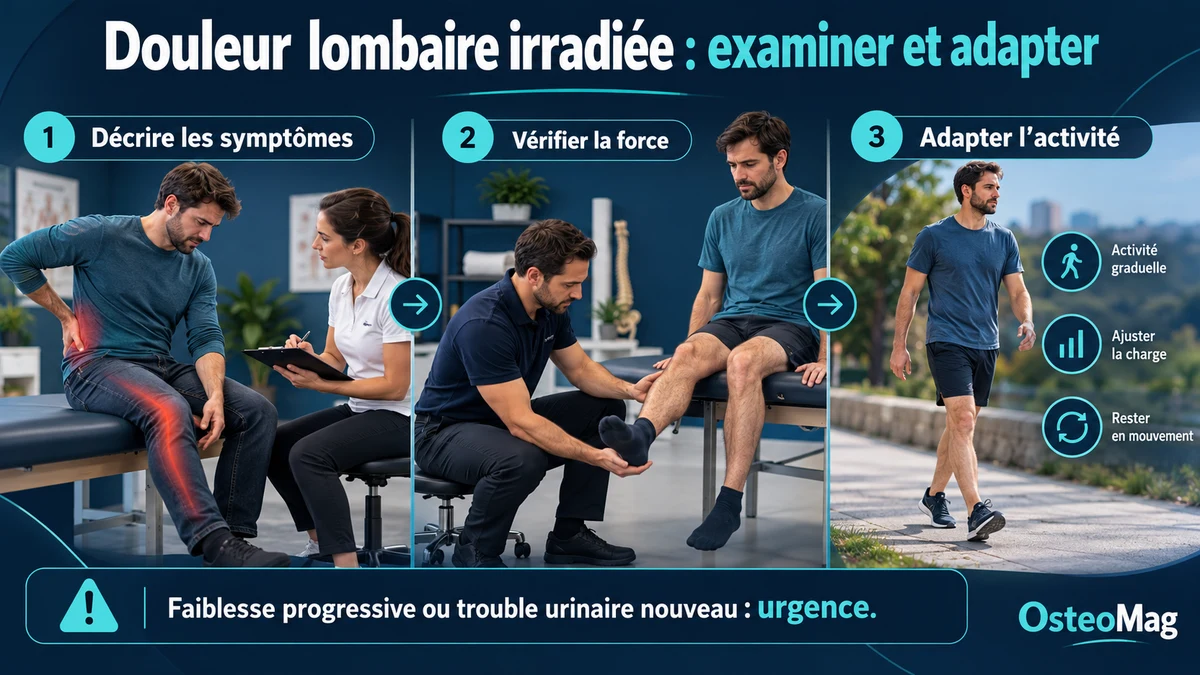 Adulte signale dos et jambe habillé, clinicien vérifie force cheville en assis, marche.
