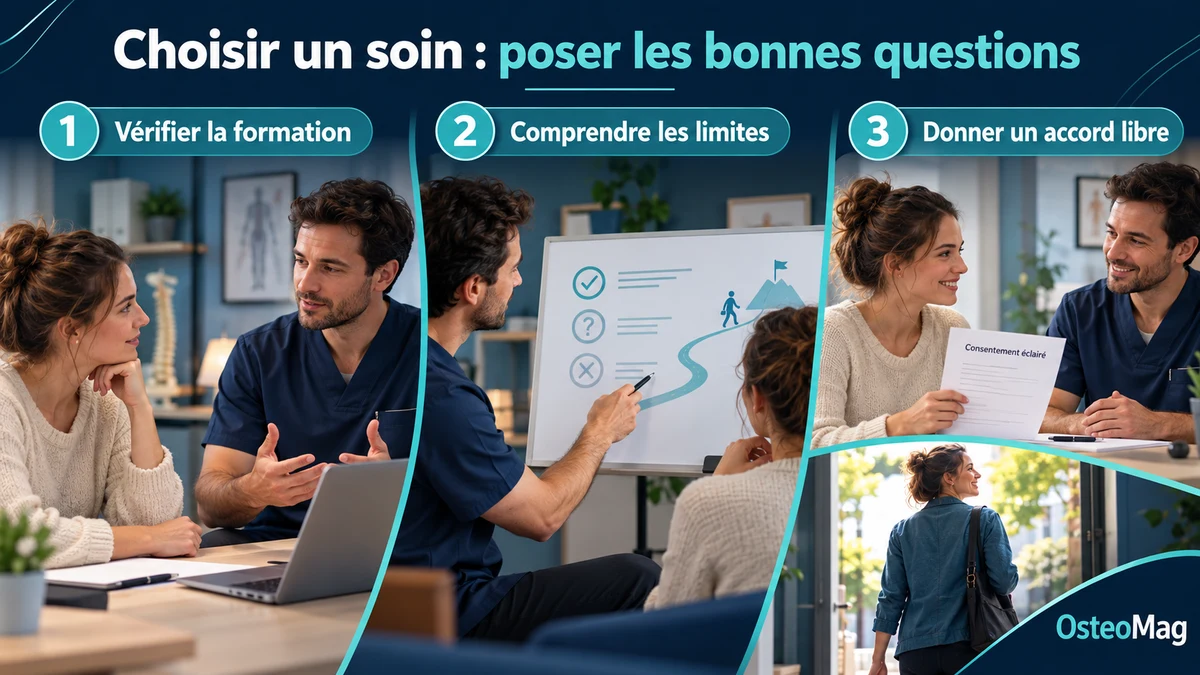 Patient et praticien discutent options dans cabinet, document consentement lisible seulement titre, sortie marche.