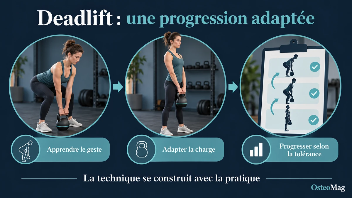 Deadlift avec kettlebell : apprentissage du mouvement, charge adaptée et progression selon la tolérance.
