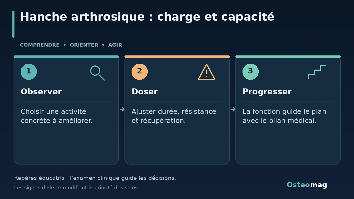 Hanche arthrosique : charge et capacité : Observer ; Doser ; Progresser