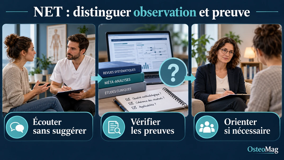 NET : écouter sans suggérer, vérifier les preuves et orienter vers un professionnel qualifié.