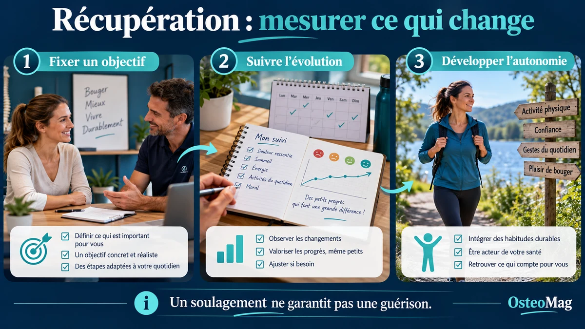 Dialogue patient-praticien, calendrier et carnet de suivi, marche extérieure.