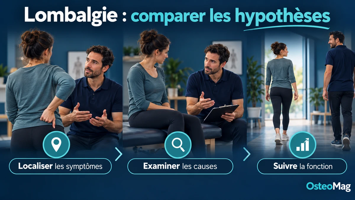 Patient indique du doigt la crête iliaque postérieure à travers vêtement, clinicien dialogue, marche.