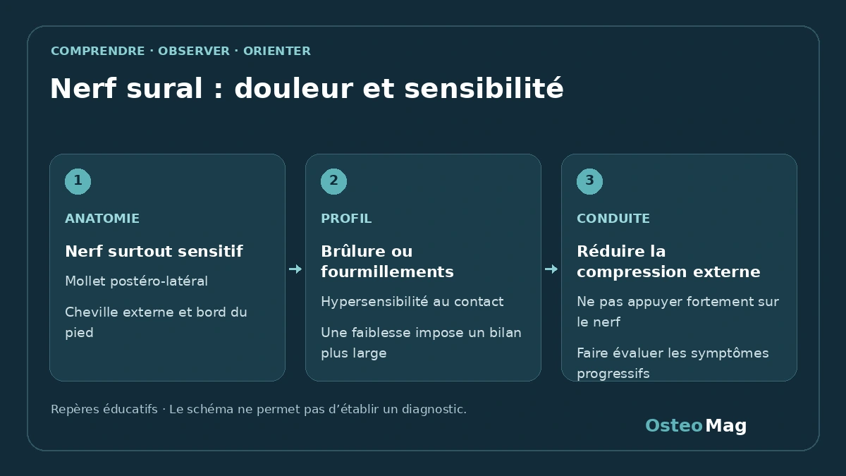 Nerf sural : douleur et sensibilité : repères anatomiques ou fonctionnels, symptômes et orientation