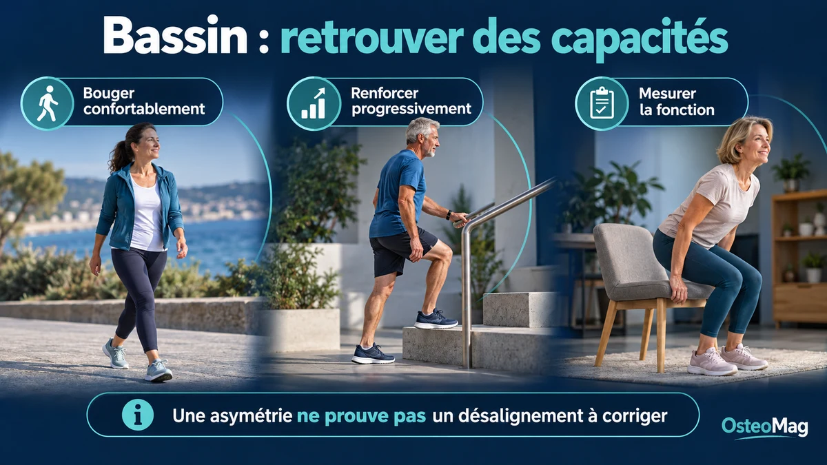 Adulte marche, monte petite marche avec rampe, effectue lever de chaise.
