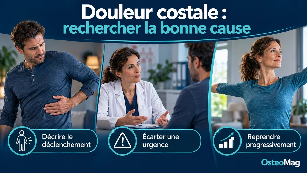 Adulte habillé signalant côté inférieur des côtes, consultation médicale, mouvement de bras confortable.