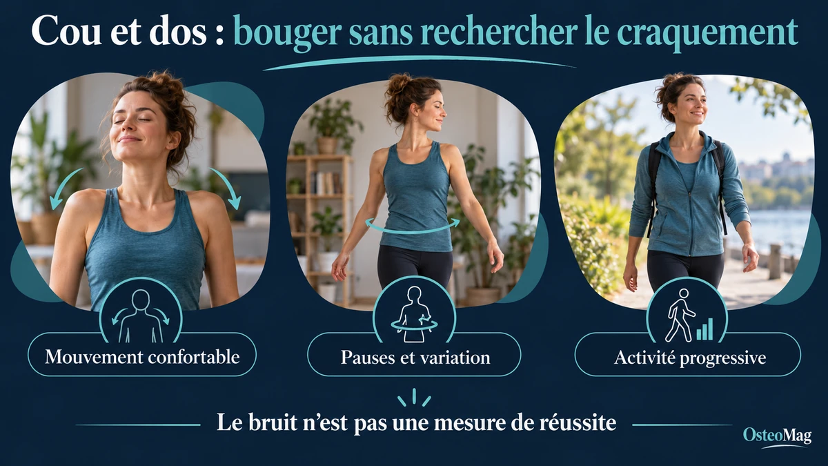 Cou et dos : mouvements confortables, variation des positions et activité progressive sans rechercher un craquement.