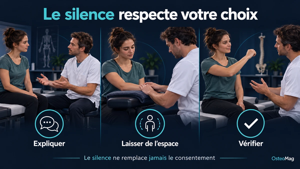 Illustration OsteoMag : expliquer le soin, laisser une pause et vérifier un mouvement avec la patiente.
