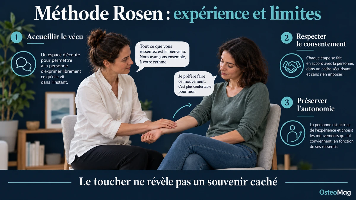 Méthode Rosen : écoute du vécu, toucher consenti et choix d’un mouvement par la personne.