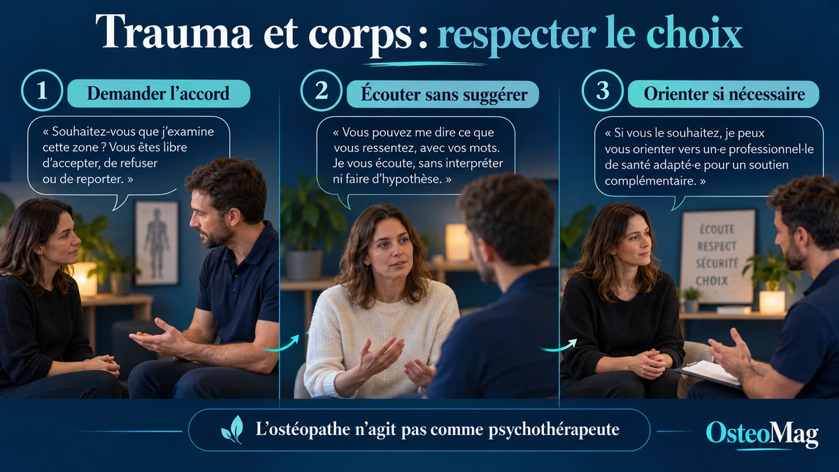 Dialogue calme entre deux adultes habillés, distance respectueuse, choix explicite sans toucher imposé.