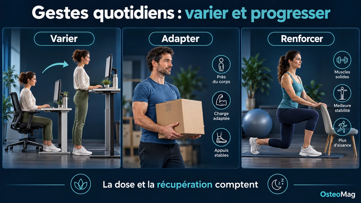 Illustration OsteoMag : alterner assise et station debout, adapter une charge et pratiquer un exercice progressif avec appui.
