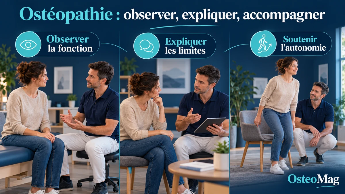 Une patiente habillée discute avec un praticien, puis se lève d’une chaise.