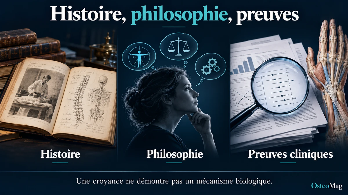 Illustration OsteoMag distinguant un ouvrage historique, une réflexion philosophique et des données de recherche clinique.