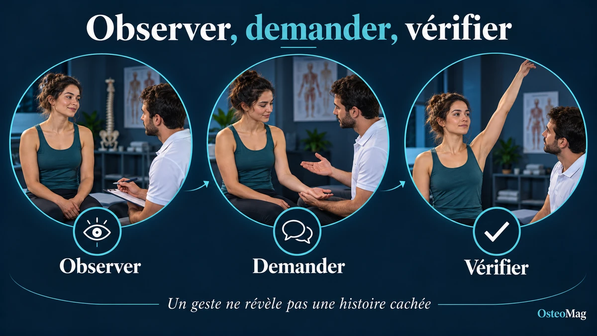 Illustration OsteoMag : dialogue avec la patiente, demande de consentement au contact et vérification d’un mouvement actif.