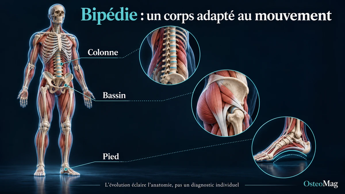 Illustration OsteoMag de la bipédie avec colonne, bassin et voûte du pied dans une anatomie schématique.