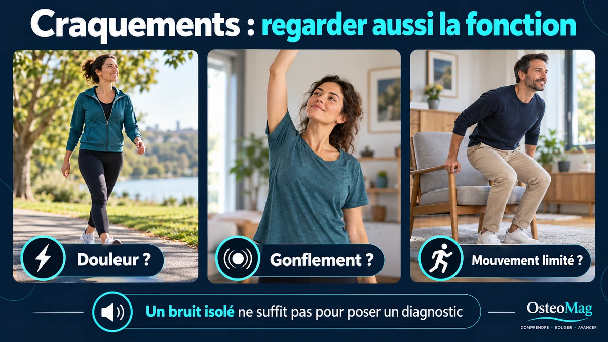 Infographie OsteoMag : marche, élévation du bras et lever de chaise; vérifier douleur, gonflement et limitation du mouvement en présence de craquements.