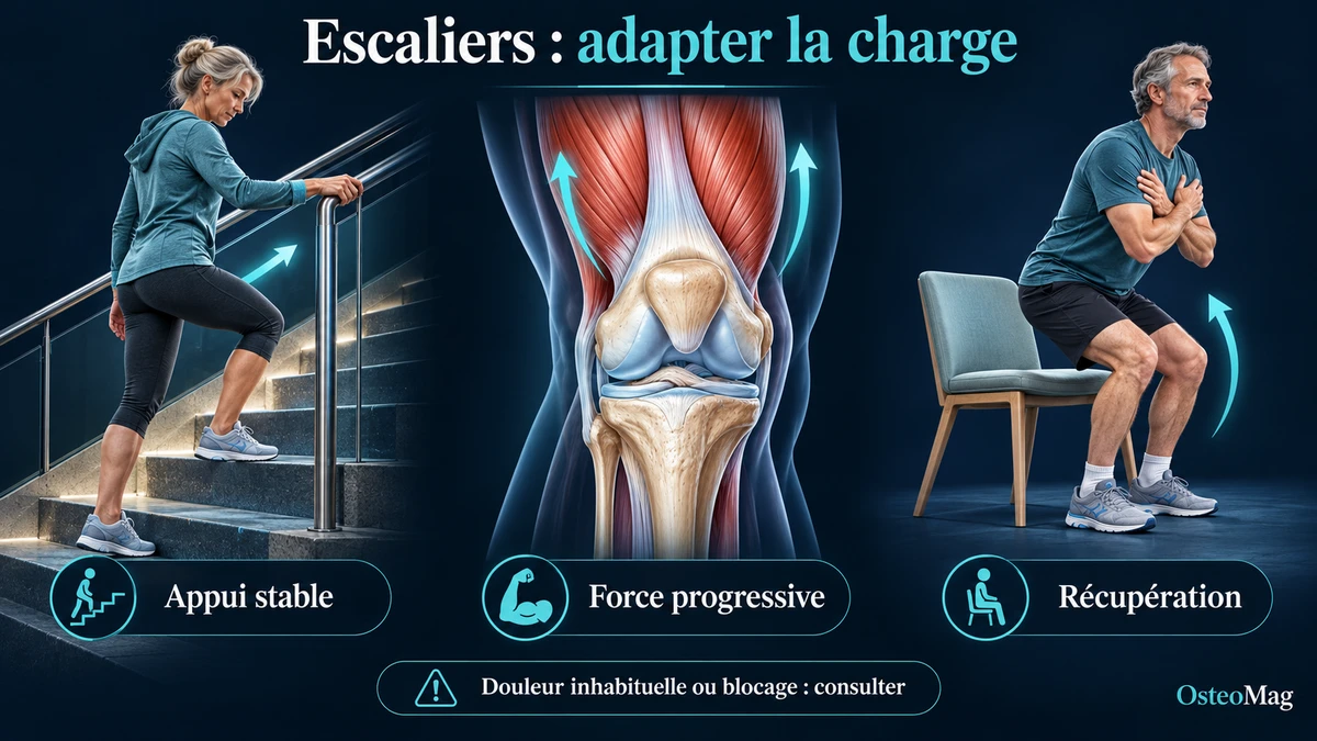Illustration OsteoMag : montée d’escalier avec rampe, schéma simplifié du genou et exercice de lever de chaise.
