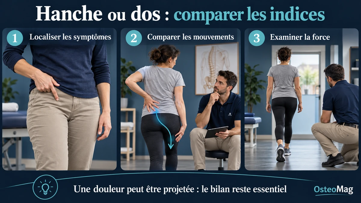 Douleur hanche ou dos : localisation des symptômes, comparaison des mouvements et observation de la marche.