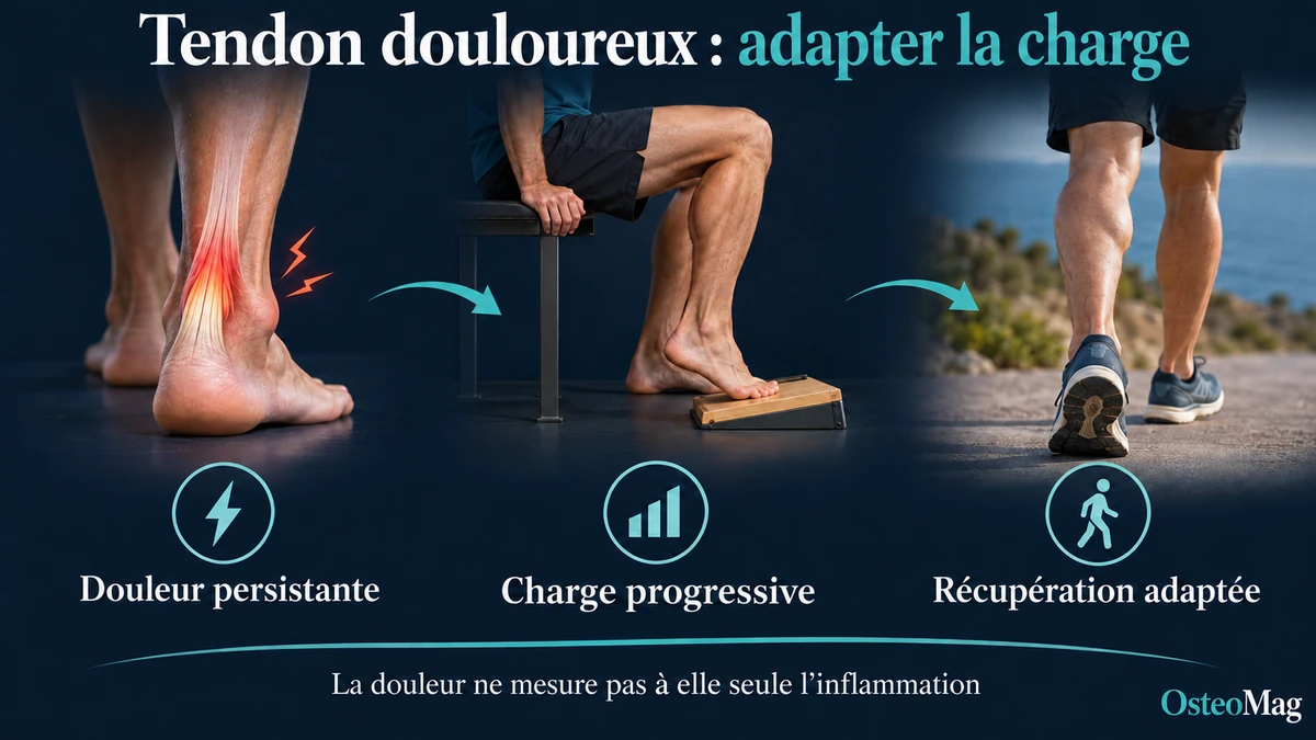 Tendon douloureux : exemple du tendon d’Achille, charge progressive et reprise de marche adaptée.