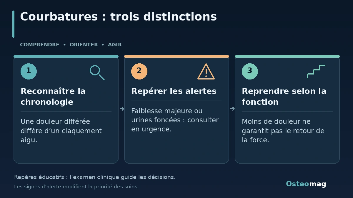 Courbatures : trois distinctions : Reconnaître la chronologie ; Repérer les alertes ; Reprendre selon la fonction