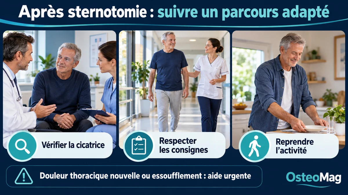 Patient habillé dialogue équipe médicale, marche douce supervisée, reprise geste quotidien léger.
